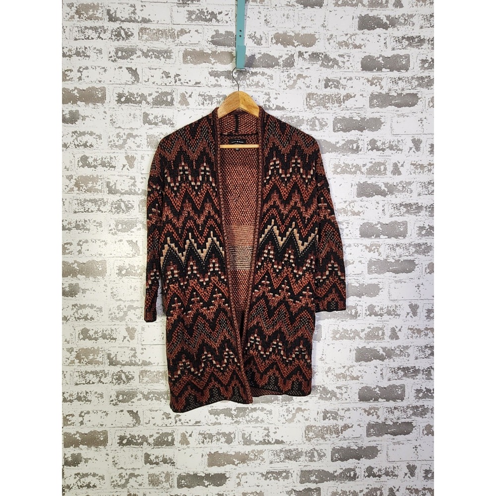 Lucky Brand Sweater Size XS Orange Black Wool Blend Aztec Long Cardigan Oversize